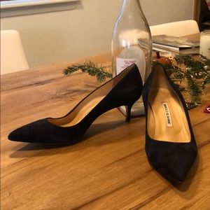 Manolo Blahnik Blue Suede Kitten Heel Pumps